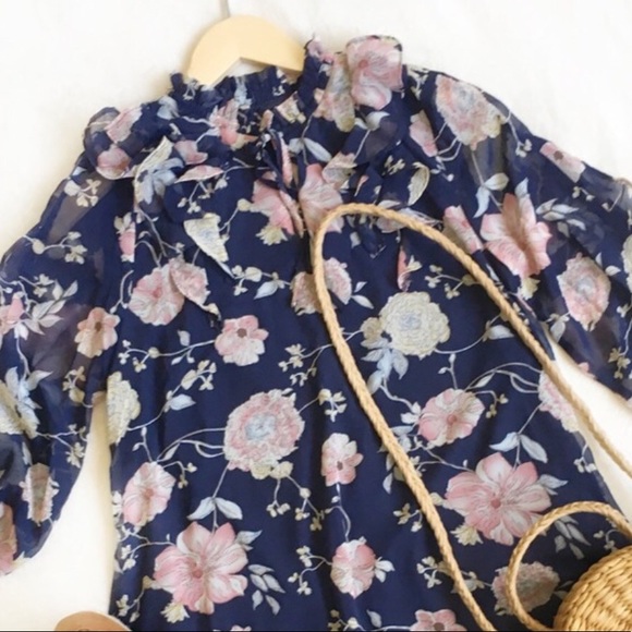 Love Riche Navy Blue Floral Ruffle Sleeves Chiffon Lined Dress NWT - Picture 6 of 10